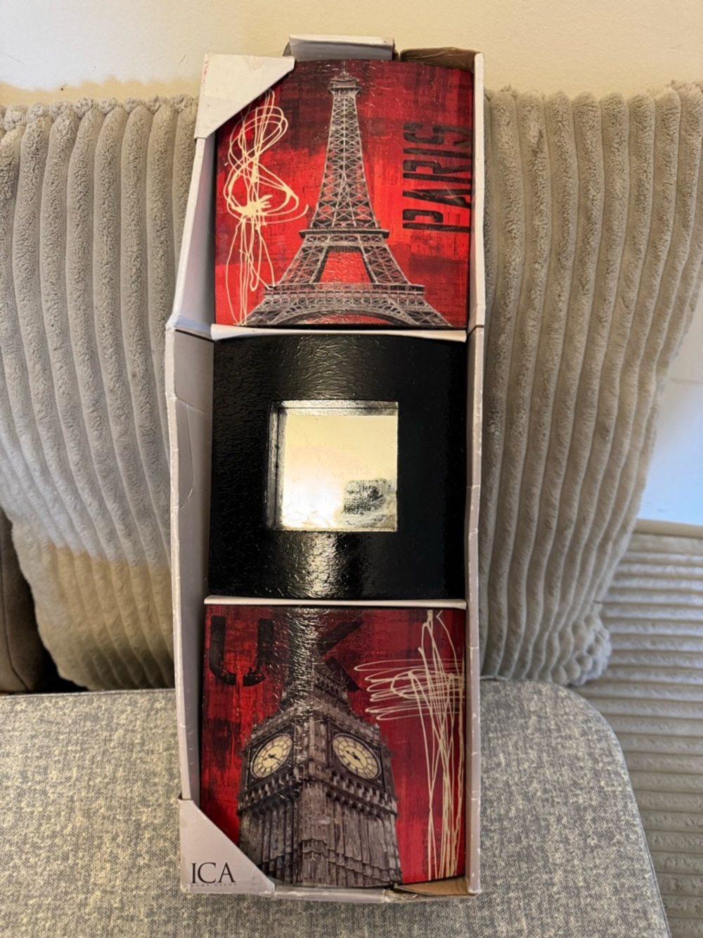 Red Paris & London Triptych Wall Art with Black Mirror Accent